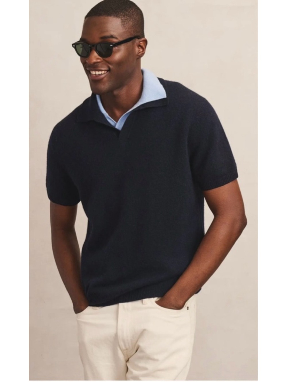 NAADAM Lightweight Cashmere Short Sleeve Polo Men’s Large Navy Blue
